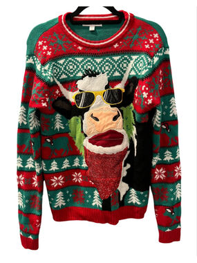 Celebrate Together Cow Ugly Christmas Sweater Beer Drink Holder Pocket Sz Small